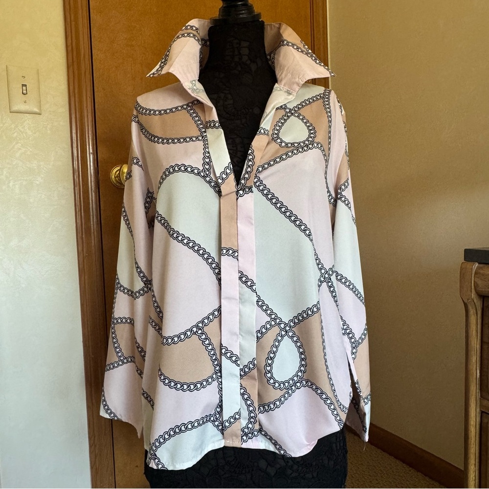 Vintage Beige White Pink Black Cotton Chain Pattern Tailored Blouse XL - Picture 2 of 11